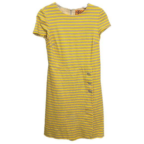 Tory Burch A-Line Mini Dress Yellow Striped Short Sleeve Crew Neck Cotton Size S